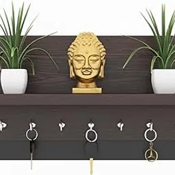 Wall Mounted Key Holder Shelf with 7 Hooks, Black Wood Finish, Space-Saving Design (BROWN)-picture-18