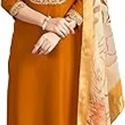 mokosh Women's Solid Chinon Embroidered Round Neck 3/4 Sleeve Kurta and Pant with Dupatta Set-picture-26