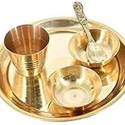 SHOPSIDEX thali 5 psc Set Laddu Gopal Small Pooja thali Brass kanha ji Thakur ji Brass Pooja Bhog Thali Set- 5 Pcs [Plate, Glass,2 Bowl and Spoon] Size: 5.5 Inch Bhog thali-image-88