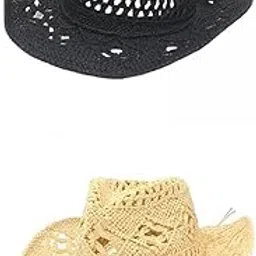 2Pcs Western Cowboy Hat Wide Brim Sun Hat Beach Hat for Outdoor Black Beige|Clothing, Shoes & Accessories | Womens Accessories | Hats-image-40