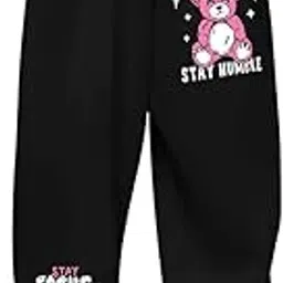 Stay Focus Stay Humble Sweatpants, Pink Teddy Bear Graphic Print, Black Joggers-picture-14