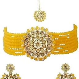 kohinoor creations Women's Handcrafted Elegant Round Beaded Design Antique Finish Choker Necklace with Matching Earrings & Maang Tikka Set-picture-16