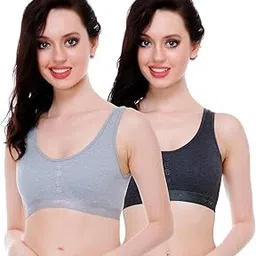Women's Cotton Blend Non Padded Wire Free Sports Bra Grey & Black-image-2