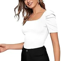 Women's Square Neck Puff/Balloon Bishop Sleeve Elegant Casual Tee Top (Top RRR-M4)-image-43
