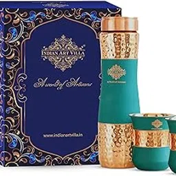 INDIAN ART VILLA Copper Drinkware in Green Silk Finish, Set of 2 Glass and 1 Bottle, Volume - Glass 275 ML, Bottle 1000 ML-image-28