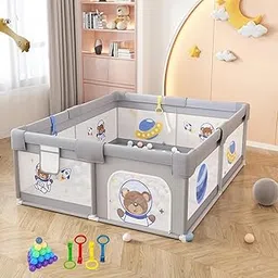 MONSTECH Large Baby Playpen 150x180cm Pit Balls Playpen for Baby up to 5 Years with Anti-Fall Rings, Safety Lock, Breathable Mesh, Kids Activity Center Play Pen (180-150-GreyPrinted)-picture-20