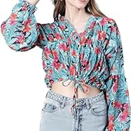 oxolloxo Women Floral Print Round Neck Long Sleeve Elasticated Tie-Up Crop Top-picture-33
