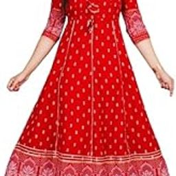 RB Tailors Women Printed Flower Viscose Rayon Anarkali Red Gown Only-image-2