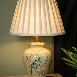 whispering homes Vintage Ceramic Table Lamp | Retro Green Lamp with Floral & Bird Design | Elegant Lighting for Living Room, Bedroom, Office | Decorative Home Accent | Pleated Shade with Brass Base-picture-43