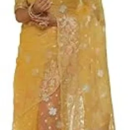 Banarasee Womens Organza Kora Muslin Saree With Zari Jamdani Weaving - Yellow-picture-15