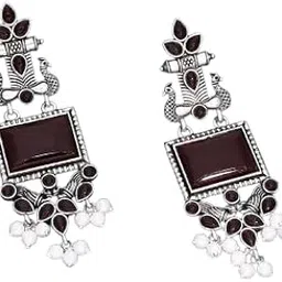 Vintage Style Dangle Earrings, Turquoise Blue Stone with Pearl Drops, Silver-Plated, Women’s Oxidized Silver Earrings | Ethnic Long Dangler Earrings with Rectangular Stone & Pearls-picture-25