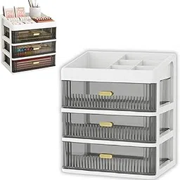 Desk Makeup Organizer, Plastic Storage Box with Sliding Drawer, Stylish Display Case for Cosmetics, Lotion, Nail Polish,Brushes,and Jewelry (White, 3 - Layer)-image-15