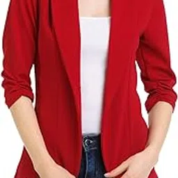 minefree Women's 3/4 Ruched Sleeve Lightweight Work Office Blazer Jacket (S-3XL)-picture-19