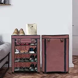 ROBMOB® Premium 4 Tiers Shoe Rack/Multipurpose Storage Rack with Dustproof Cover (Iron Pipes, Non Woven Fabric, Plastic Connector) Brown, Metal-image-40