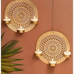 Decorative Hanging Metal Candle Holder, Gold, Round Mandala Design with Tea Light Holders, Modern Wall Decor, Set of 2-picture-17