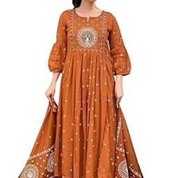 aimers craft Women's Cotton Embroidered Anarkali Kurti with Malmal Dupatta Set-picture-18