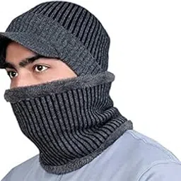 dressify Ultra Soft Unisex Woolen Visor Beanie Cap Plus Muffler Scarf Set for Men I Women I Girl I Boy - Warm, Snow Proof - 20 Degree Temperature Grey Color-picture-16