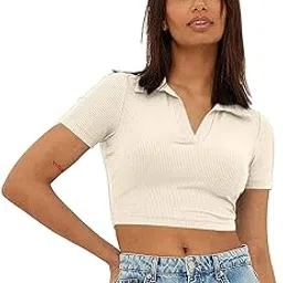r lon RZLECORT Ribbed Casual Wear Half Sleeves Collor Crop Tops/Tshirt for Women and Girls-picture-27