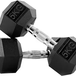 Kizlo Set of 5Kg x2pcs Fixed Weight Rubber Encased Hexagonal Dumbbell for Home/Commercial Gym(5KG X 2PCS), Black-picture-13