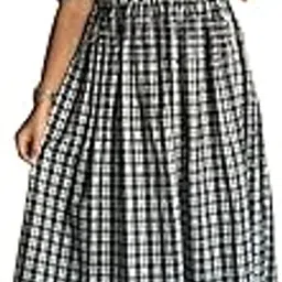 Birdy Export Women's Cotton Checkered Puff Sleeves Round Neck Calf Length Anarkali Dress Kurti Ideal for Casual Office & Outing Wear-picture-43