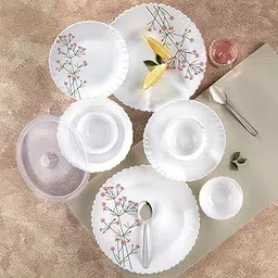 Larah by Borosil Silk Series Red Bud Opalware Dinner Set with Steel Spoon | 55 Pcs for Family of 8 | Microwave & Dishwasher Safe | Bone-Ash Free | Crockery Set for Dining & Gifting | Plates & Bowls-picture-32