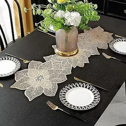 TIED RIBBONS Pack of 1 Table Mat Flower Leaf Shape Placemats for Dining Table Kitchen Mats Pot Non-Slip Heat Resistant Wipeable Washable Tableware (93 x 32cm, PVC, Golden)-picture-21