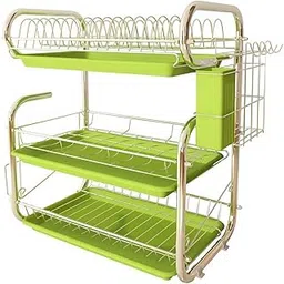 HASTHIP® Kitchen Utensils Storage Rack 3-Tier Bowl Plates Organizer Rack with Drip Tray, Metal Dish Drain Rack Kitchen Counter Organizer with Hanging Storage Basket & Chopping Board Rack image 1