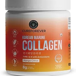 CUREFOREVER Korean Marine Collagen Supplements | Hydrolyzed Collagen Peptides Powder for Skin, Hair, Nails, Bones & Joints | For Men & Women | Mango Citrus Flavor | 250 g (25 Servings)-image-38