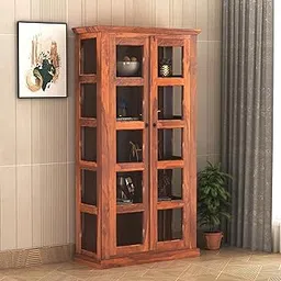 GHROYAL Sheesham Wood Bookshelf with Glass Door for Home Library Solid Wood Bookcase Wooden Crockery Cabinet for Kitchen Book Shelf (Honey Finish)-picture-14
