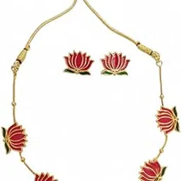 Lotus Floral Gold Plated Necklace Set for Women & Girls | Trendy Ethnic Jewellery with Earrings | Stylish Indian Wedding & Festive Outfit Accessory | Festival & Special Occasion Jewelry Set-image-0