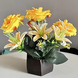 Litleo Floral Arrangement with Roses and Lilies in 20 cm Wooden Pot (Yellow)-picture-10