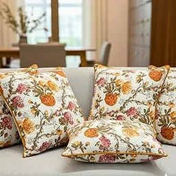 Quilted Cushion Cover Set of 5 | 16x16 Inch | Vintage Floral Design Pink & Orange | Soft Cotton Decorative Pillow Shams for Sofa, Couch & Bedroom Decor-image-96