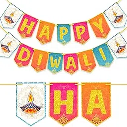 WOBBOX Diwali Decoration Bunting Banner, Happy Diwali Multi Color Background with Golden Gliter Font, Diwali Decoration Item, Diwali Décor Items-picture-23