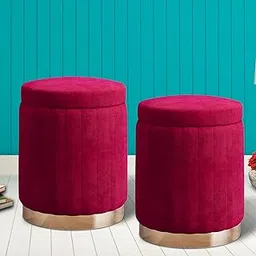 RIBAVARY Velvet Luxurious Ottoman Pouffes for Sitting, for Bedroom & Living Room, Sofa Side Stool, Wooden Small Ottoman Footrest Stool, Makeup Chair, Pouf for Office & Home Decoration. (2, Red) image 1
