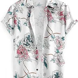 joliya Floral Print Short Sleeve Button Down Shirt, White with Pink and Blue Flowers-picture-17