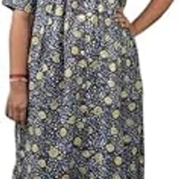 prayagi Cotton Nighty, Full Length Front Open Night Dress, Short Sleeve Sleepwear, Navy Blue Floral Print-picture-47