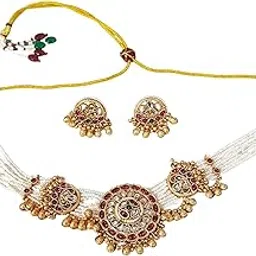 karatcart Radiant Red & Green Stone Ethnic Gold-Plated Royal Necklace Set for Women-picture-18
