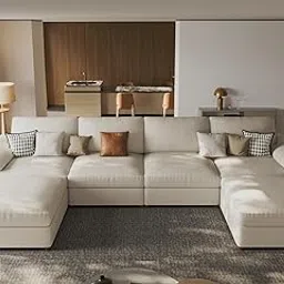EASE MOOSE Oversized Faux Leather Sectional Sofa with Ottoman, Modular Sectional Sofa with Deep Seat, Scratch Resistant Faux Leather Material, Convertible U Shaped Couch for Living Room, Beige-picture-20