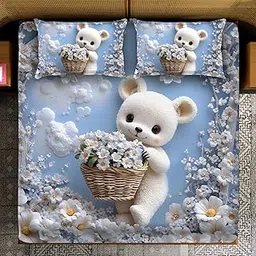 Floral White Bear Duvet Cover Set, Blue Sky with Cherry Blossoms Pattern, Decorative Bedding with Pillow Cases-picture-40