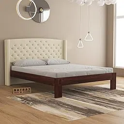 NATRAJ ART & CRAFT Solid Sheesham Wood Queen Size Bed with Upholstered Tufted Headboard | Rosewood Bed for Bedroom Furniture (Walnut Finish,Cream Headboard, Queen)-image-12