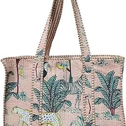 doraya Cotton Printed Tote Bag,Hand Bag Multicolor Quilted Hand Block Floral Printed Women's Carry Bag Shoulder Shopping Tote Bags 18x5.5x16 Inch-picture-38