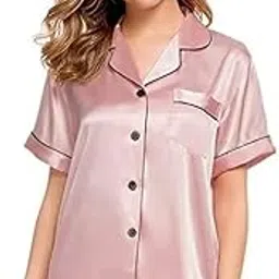 VC FASHION HUB PINK Women's Satin Plain/Solid Relaxed Night Suit Set of Top & Shorts (80-NW-HALF-PINK-P)-picture-49