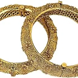 iksava Traditional Floral Design Gold Plated Brass Bangle Pair for Women & Girls | Antique Ethnic Kada Set with Hinged Opening for Wedding & Festive-picture-38