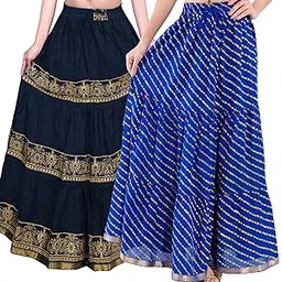 diamo 100% Cotton 3.5 Meter Flared Block Print & Lehriya Print Long Skirts Pack of 2-picture-19