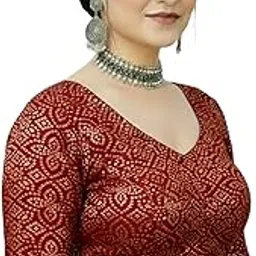 Women’s Gold Print Elbow Sleeve Saree Blouse | Round Neck Readymade Blouse with Stretchable Back | Non-Padded, No-Hook Slip-On Ethnic Wear Top | Soft Comfortable Fit for Daily & Festive Use-picture-29