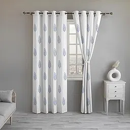 LINENWALAS Cotton Linen Semi-Sheer Curtains for Living Room 152.4 CM Length, 2 Panels Set, Grommet Top, Window Curtain, Treatment for Kitchen, Balance Privacy & Light (5 Feet, Blue Leaf)-image-90