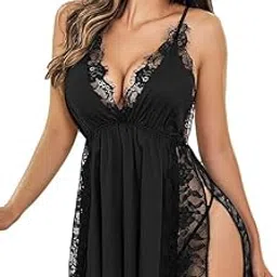 stylbase Lace Net Babydoll Lingerie for Women V-Neck Above Knee Short Innerwear Night Dress for Women | Sleepwear Honeymoon Nightwear with Side Slit Elegant Lace Trim Stylish Sexy Nighty-picture-40