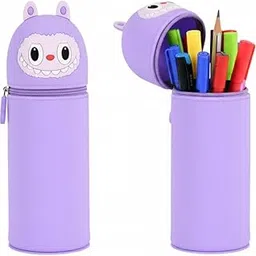 Cute Monster Design Silicone Pencil Case, Standing Pen Holder Pouch with French Fries Top, Upright Desktop Organizer for School Students, Orange (Labubu-Purple)-picture-30