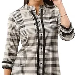 fabric fitoor Women's Cotton Checkered Print Grey & Black Color Mandarin Collar Straight Shirt-picture-35