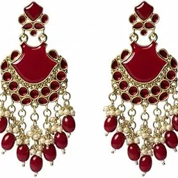 Gold Tone Red Chandbali Earrings, Pearl Beaded Danglers, Traditional Indian Jewelry-image-109